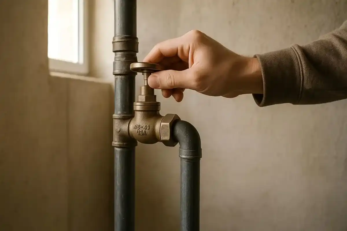 Hand turning a residential main shut-off valve on a vertical pipe run