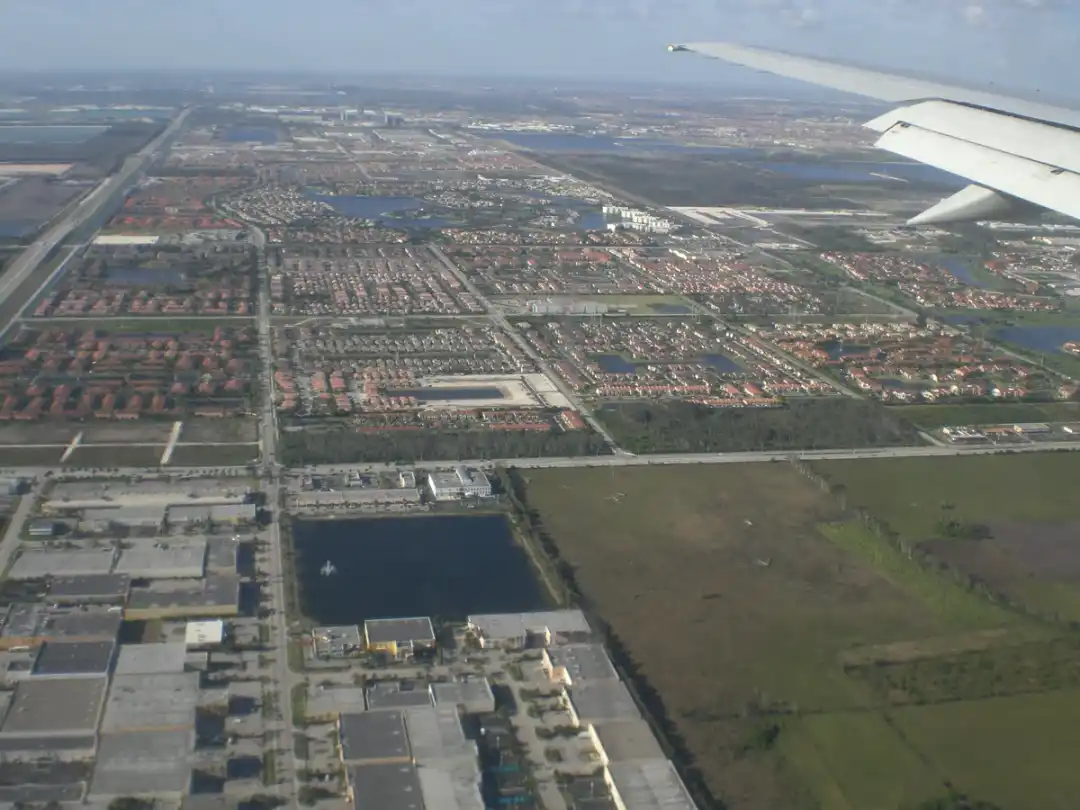 Aerial view of Doral, Florida, showing development and green space