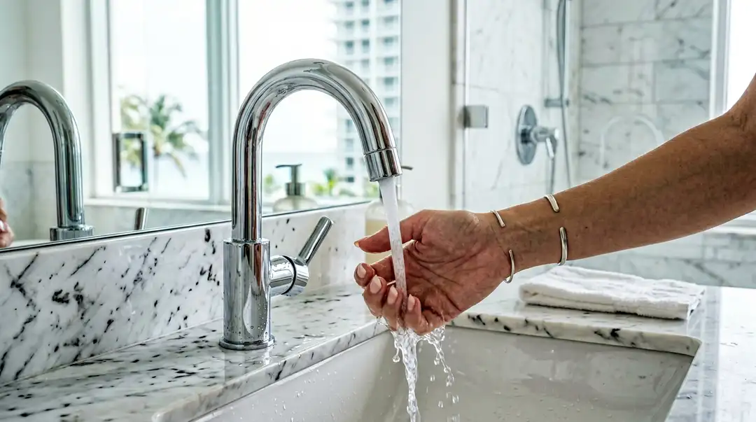 Frustrated homeowner testing a cold tap in a Miami bathroom