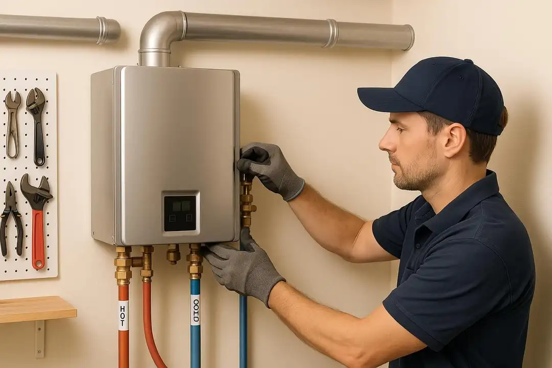 New water heater professionally installed with proper strapping and connections