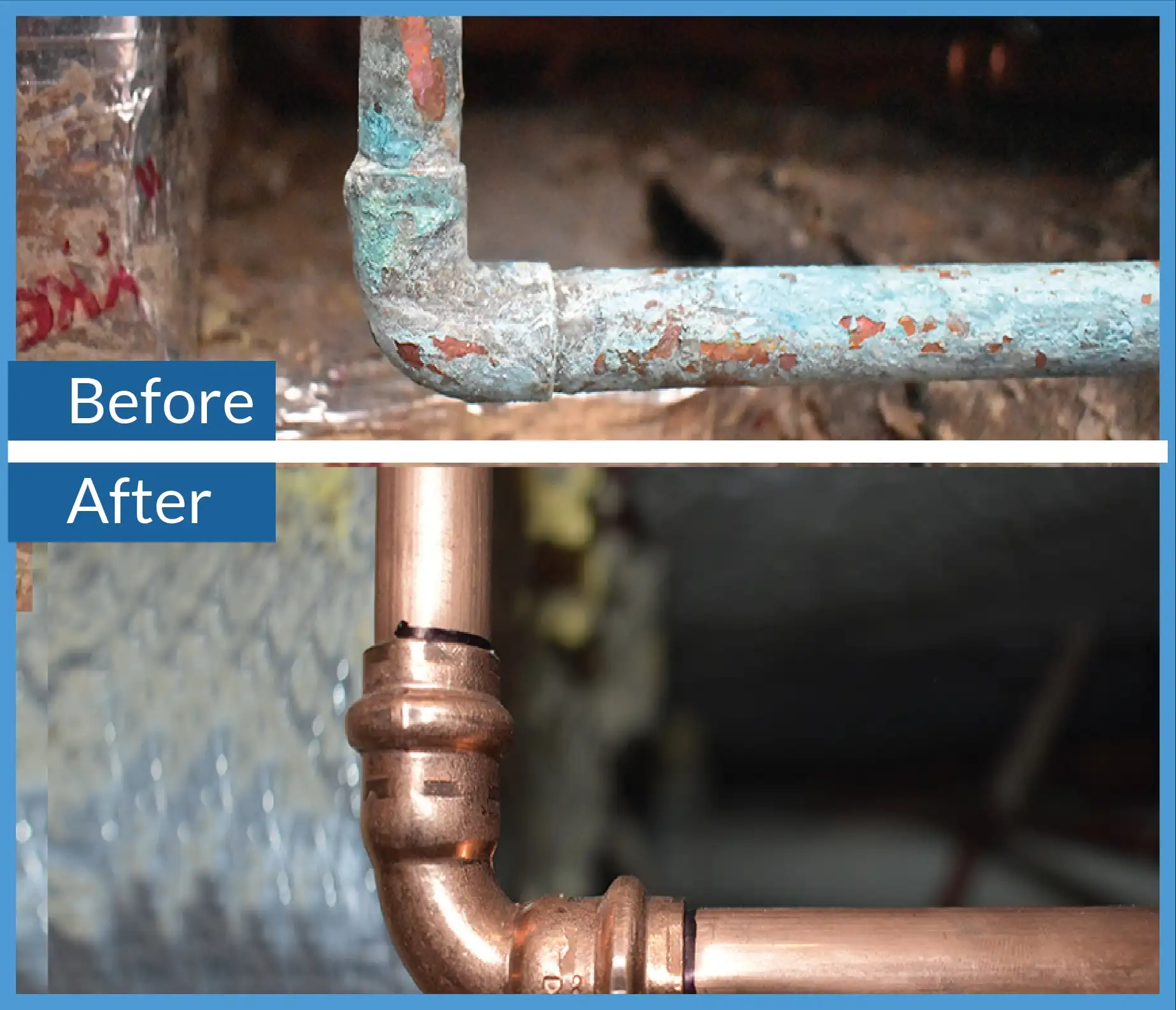 Before and after water line replacement showing dramatic improvement