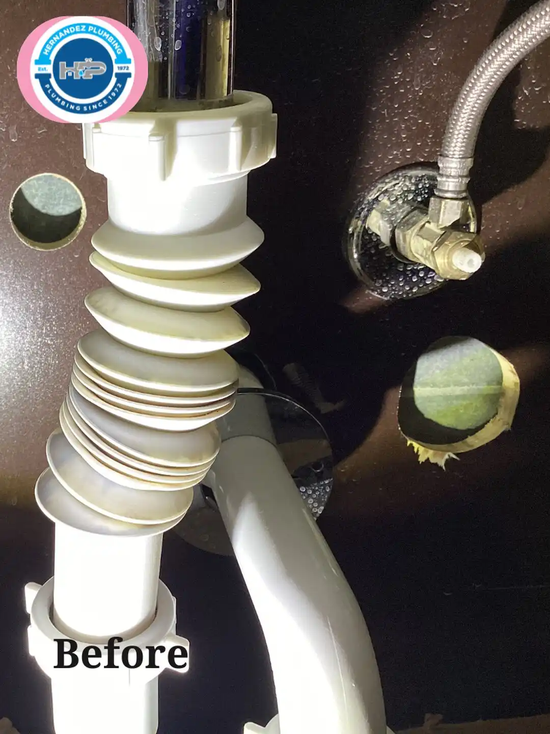 Before photo: accordion sink drain in a Coral Gables cabinet.