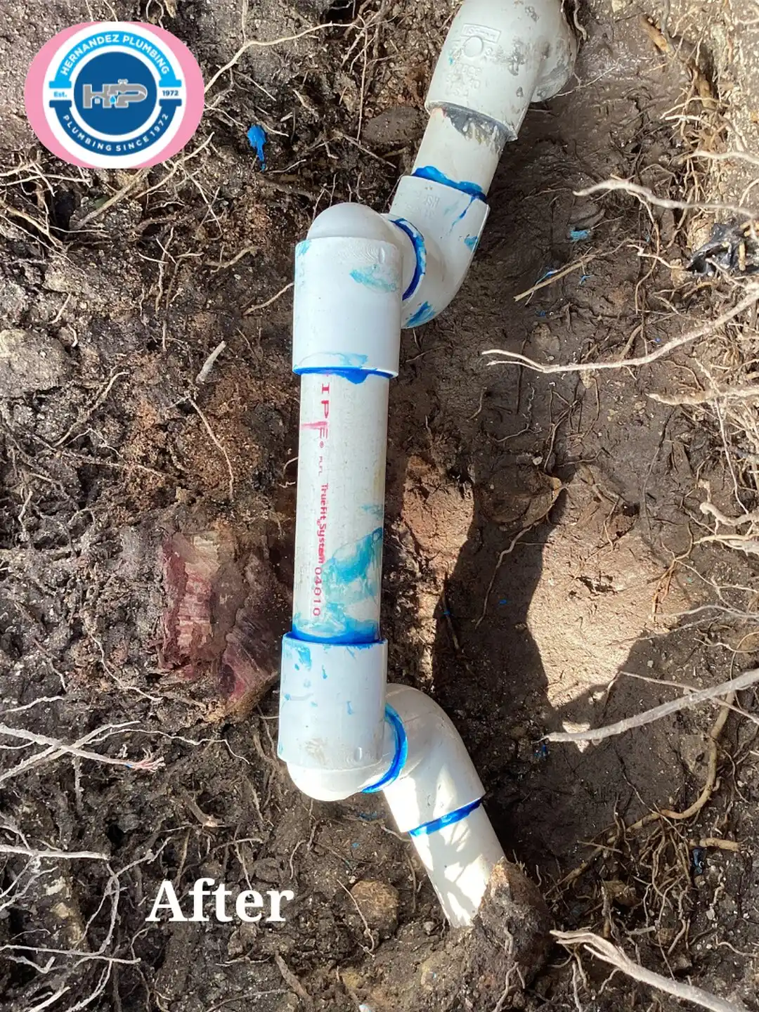 After photo: underground PVC repair with blue solvent cement in The Crossings.