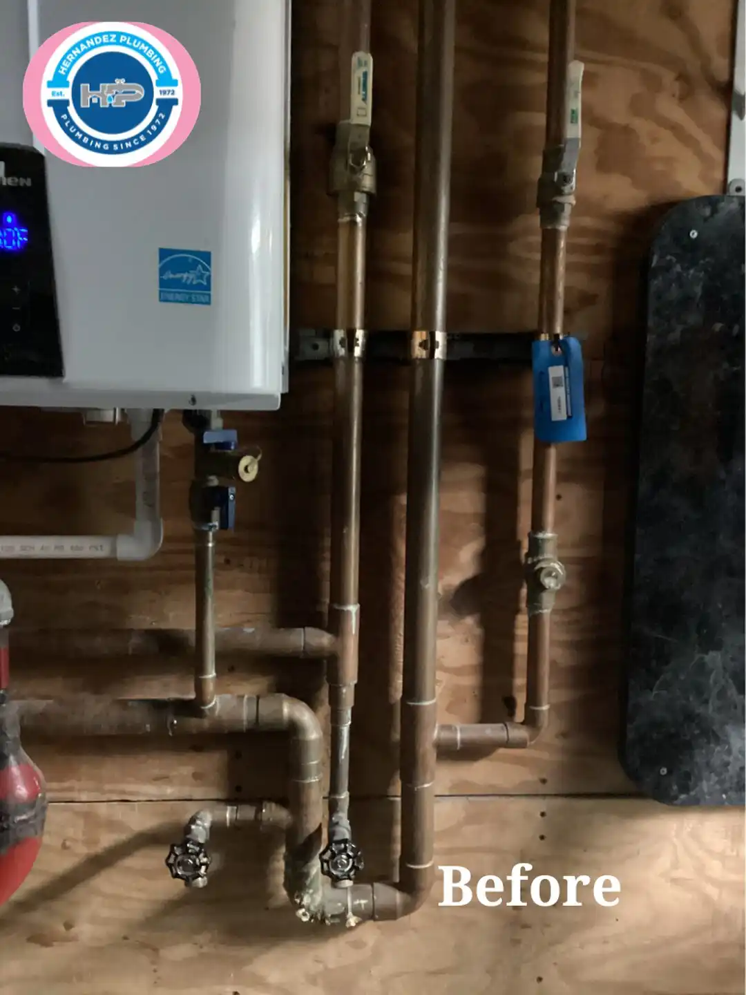 Before photo: tankless water heater copper piping in Doral.