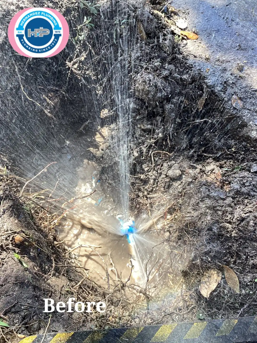 Before photo: underground water line bursting in a trench in The Hammocks.