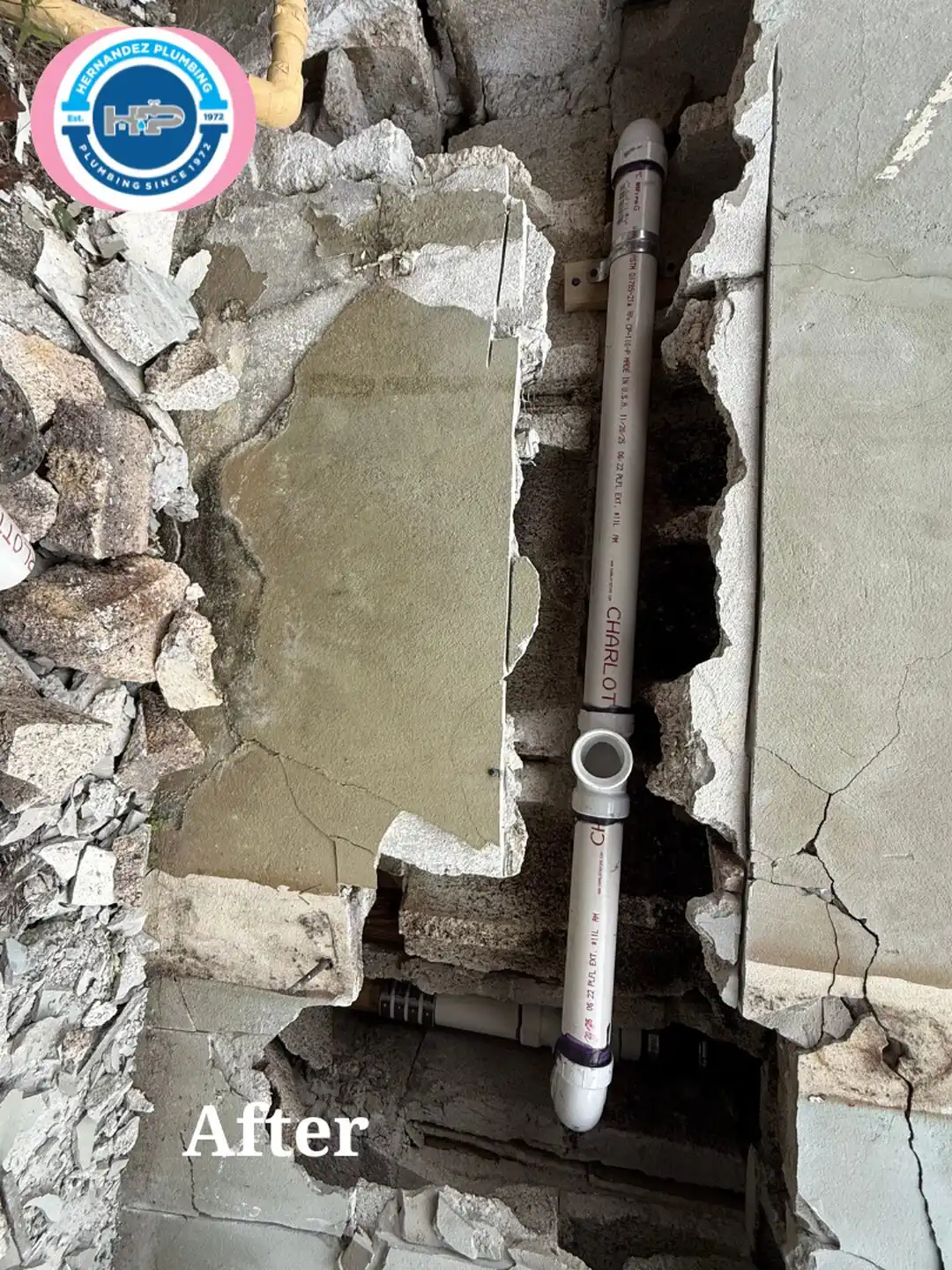 After photo: new Charlotte PVC drain in a concrete slab trench in Hialeah Gardens.