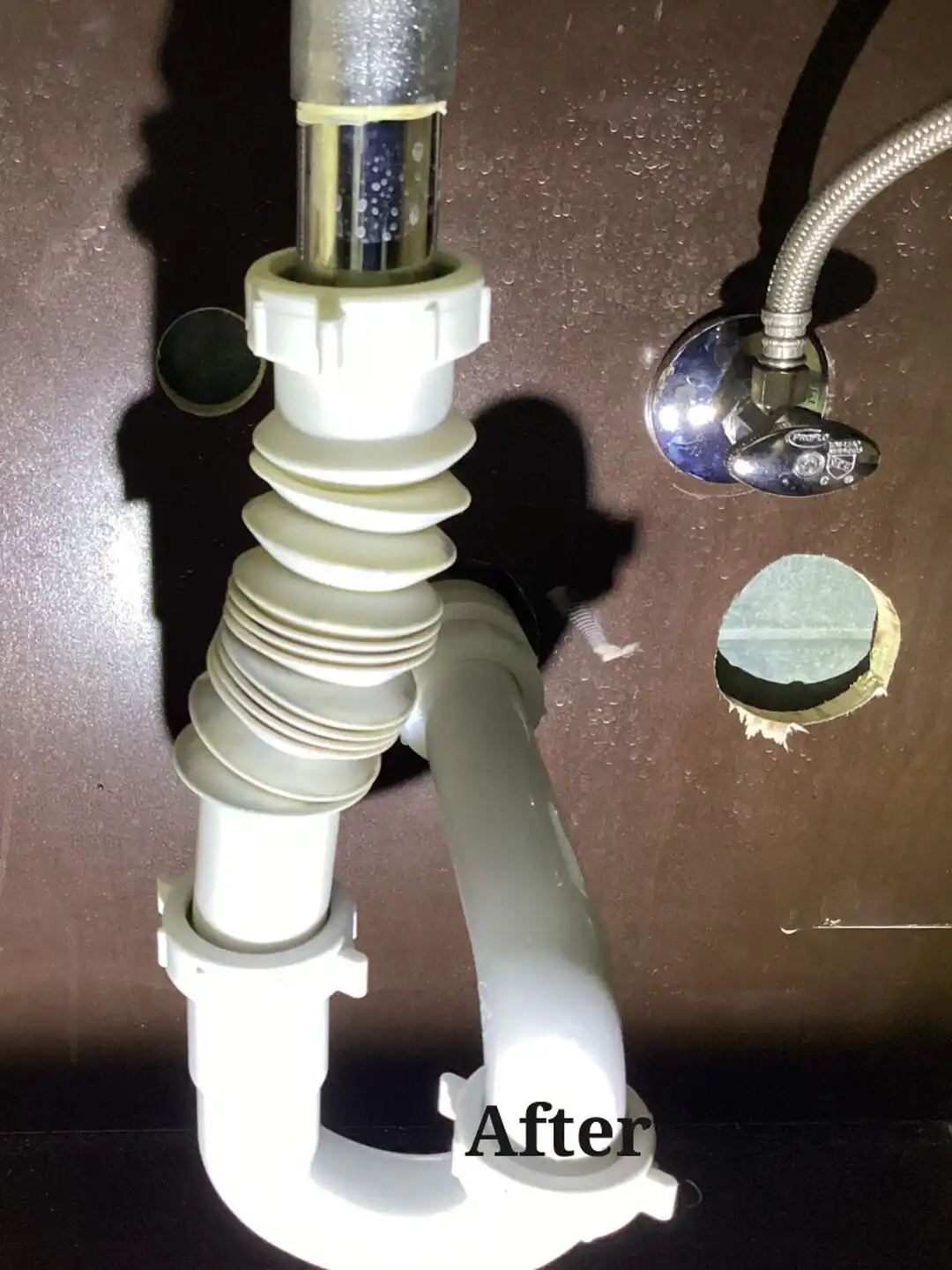 After photo: under-sink P-trap with a flexible extension in Kendall.