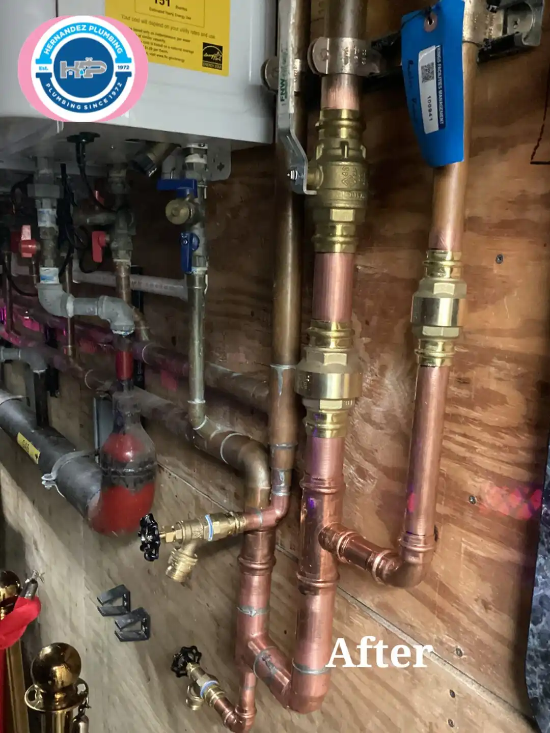 Hernandez Plumbing after photo: copper press piping and valves for a tankless water heater in Palmetto Bay.