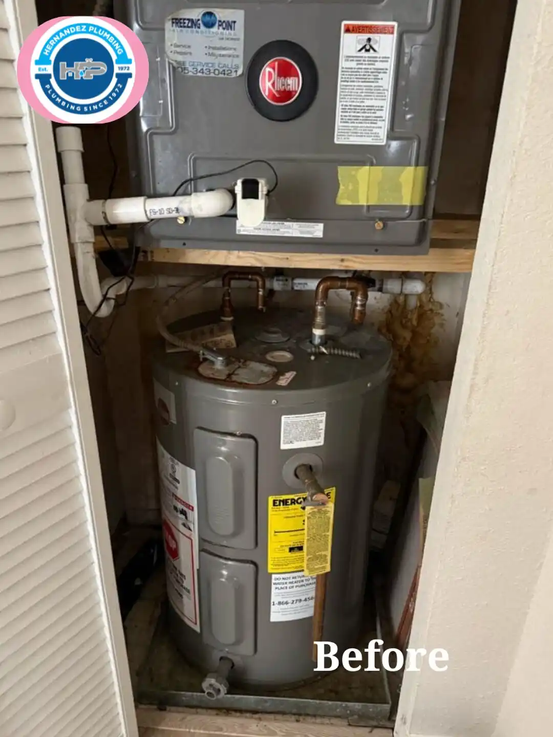 Before photo: electric water heater in a Westchester utility closet.